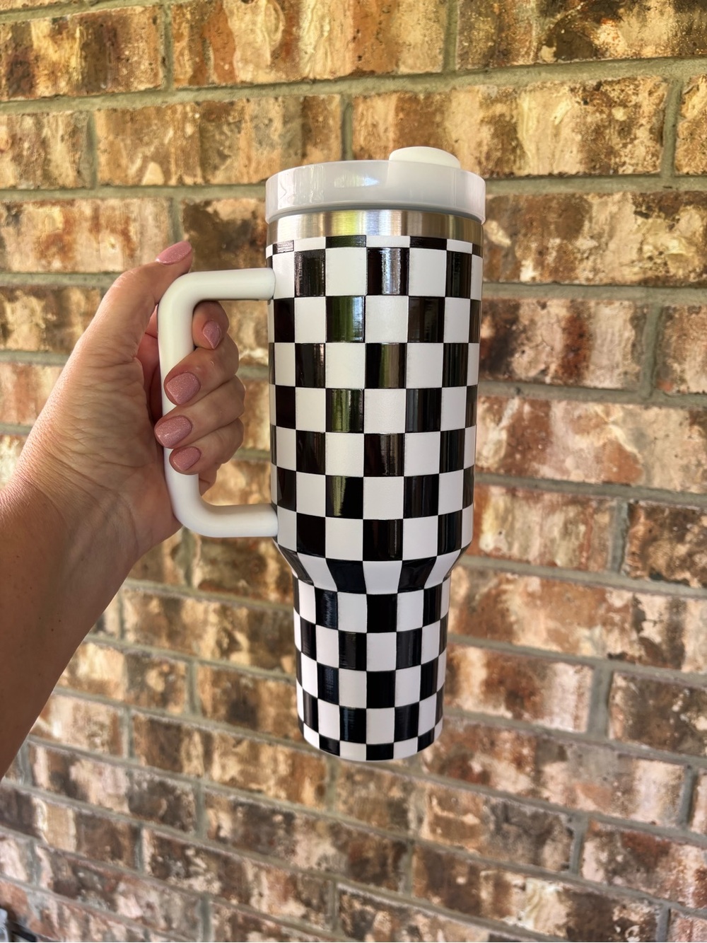 Black and White Checkered Travel Mug with Handle